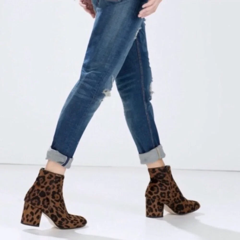 Zara Heeled Boots High Heel Ankle Boots Pony Hair Animal Cheetah Print Brown 6.5
